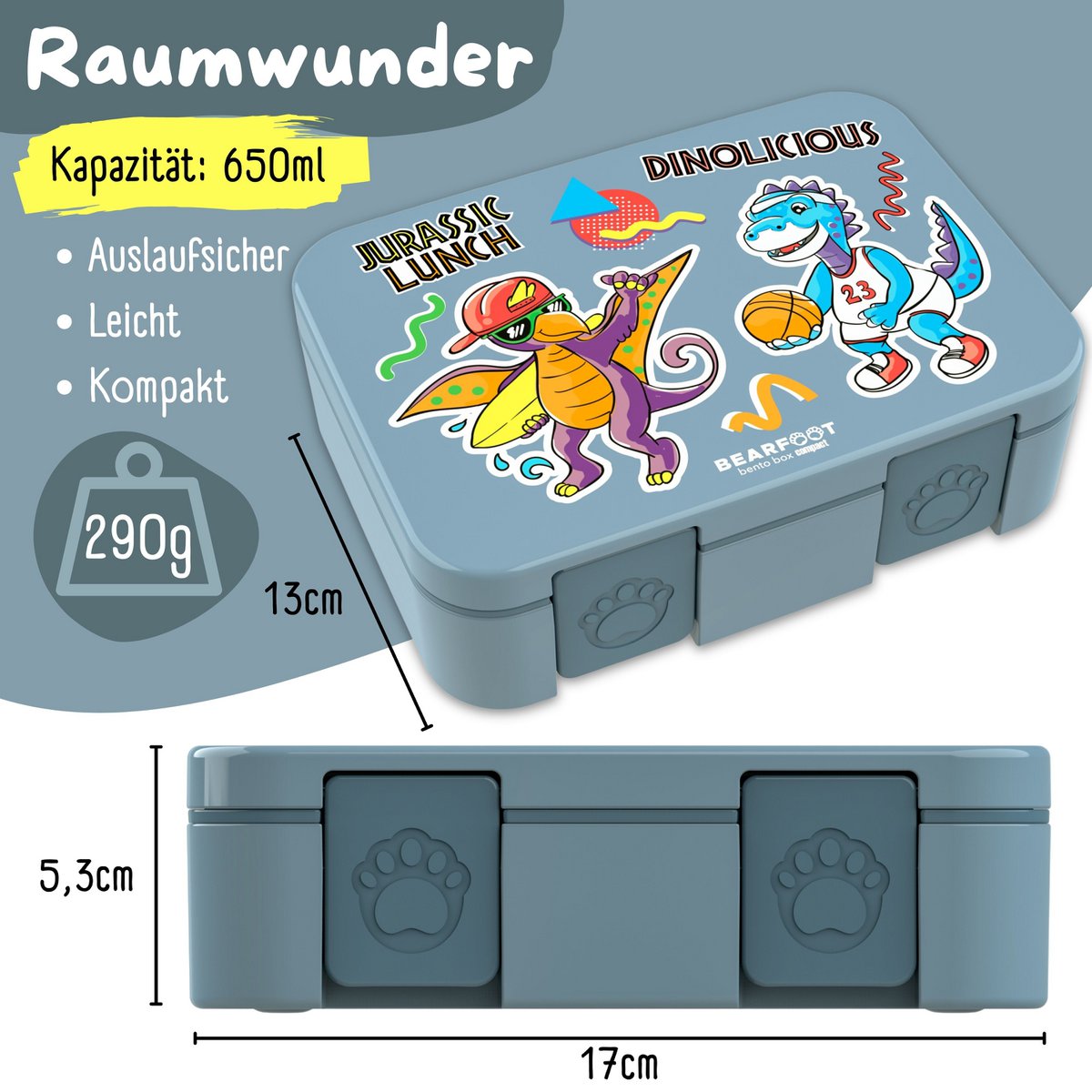 Lunchbox met onderwerpen, licht en lek - proof - dinosaurussen blauw Joy&Bloom