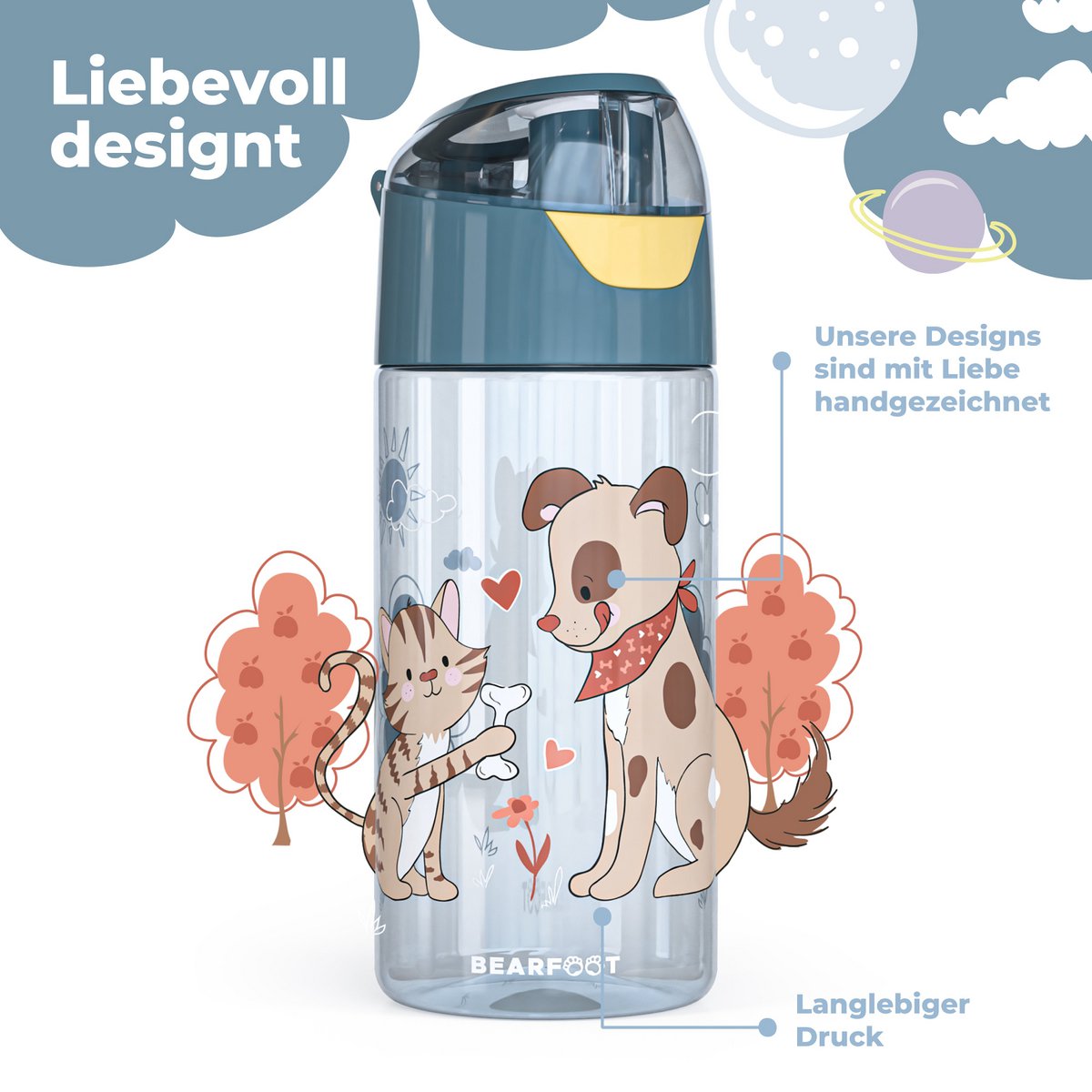 Drinkfles kinder lichtgewicht waterfles - hond & kat blauw Joy&Bloom