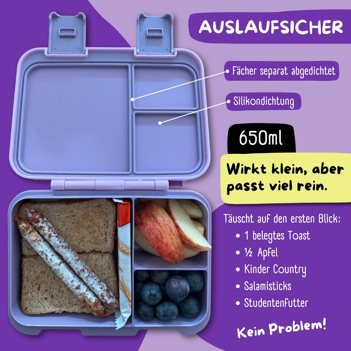 Lunchbox met vakken, lichtgewicht en lekvrij - Unicorn GLOW