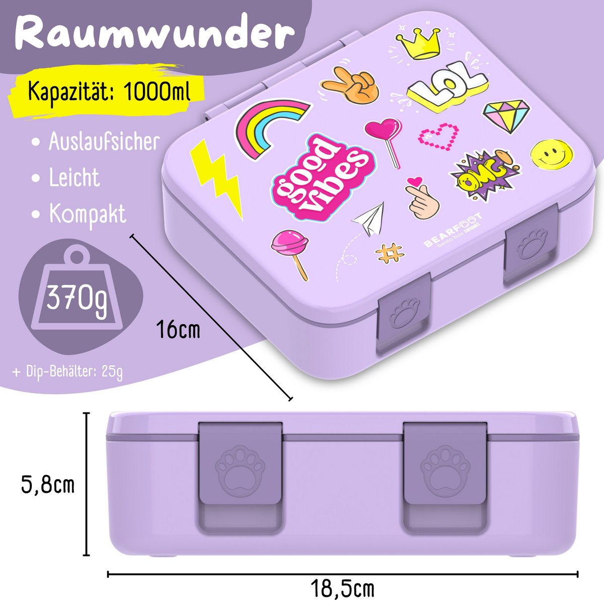Lunchbox met compartimenten, licht en lek - sticker paars Joy&Bloom