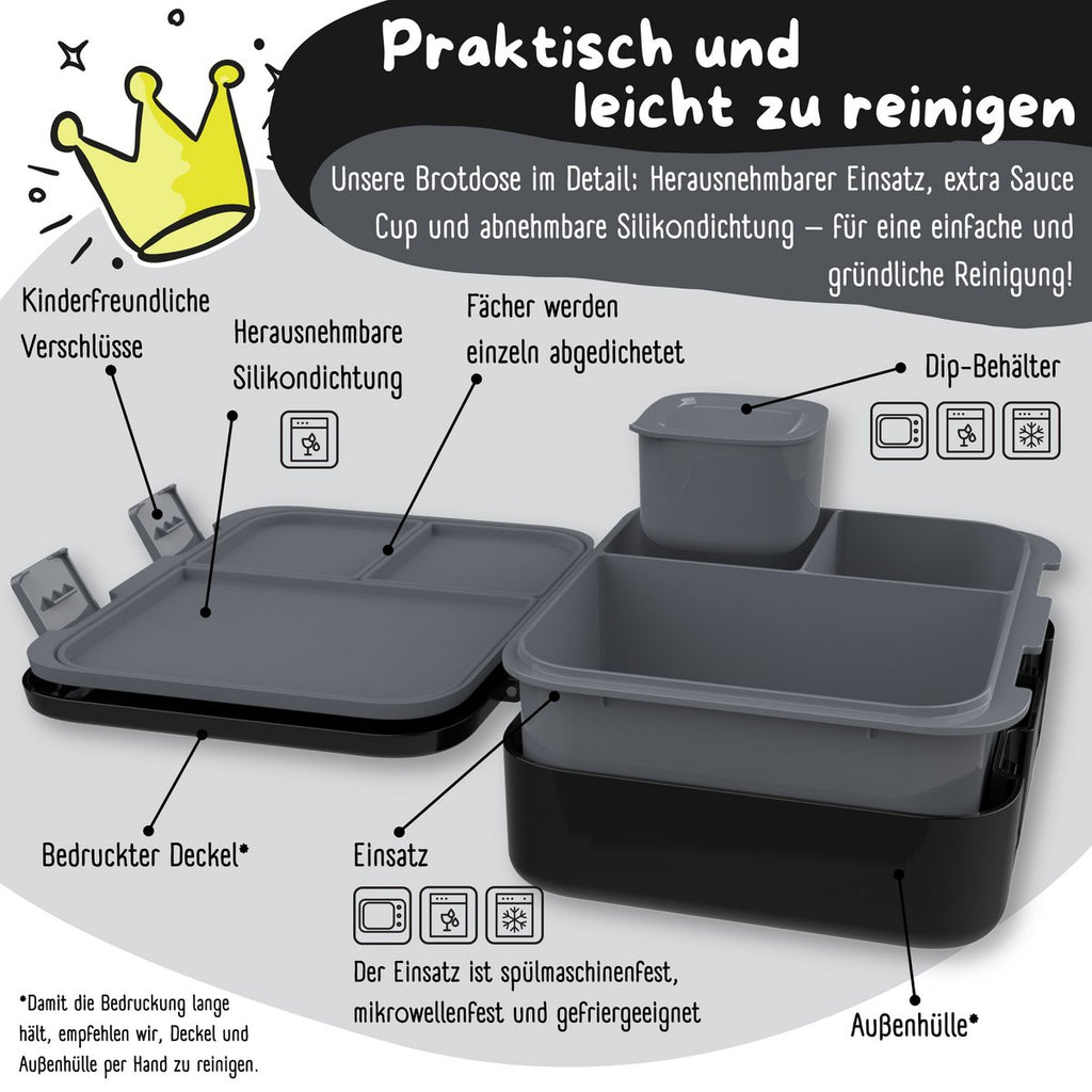 Lunchbox met compartimenten, licht en lek - sticker zwart