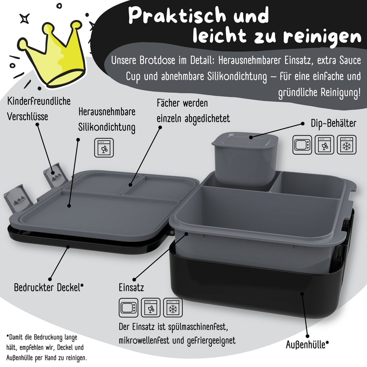 Lunchbox met compartimenten, licht en lek - sticker zwart