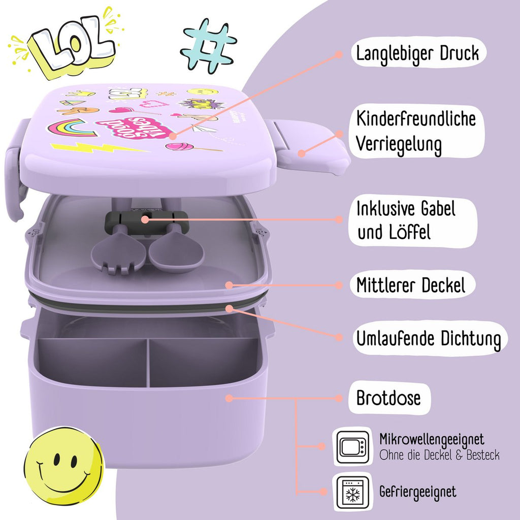 Kinderlunchbox met vakken, lekvrij - sticker, paars Joy&Bloom
