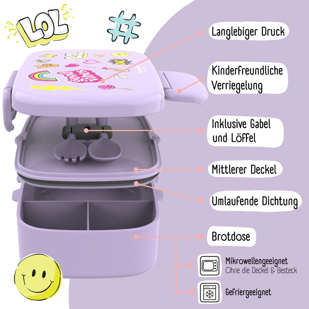 Kinderlunchbox met vakken, lekvrij - sticker, paars Joy&Bloom