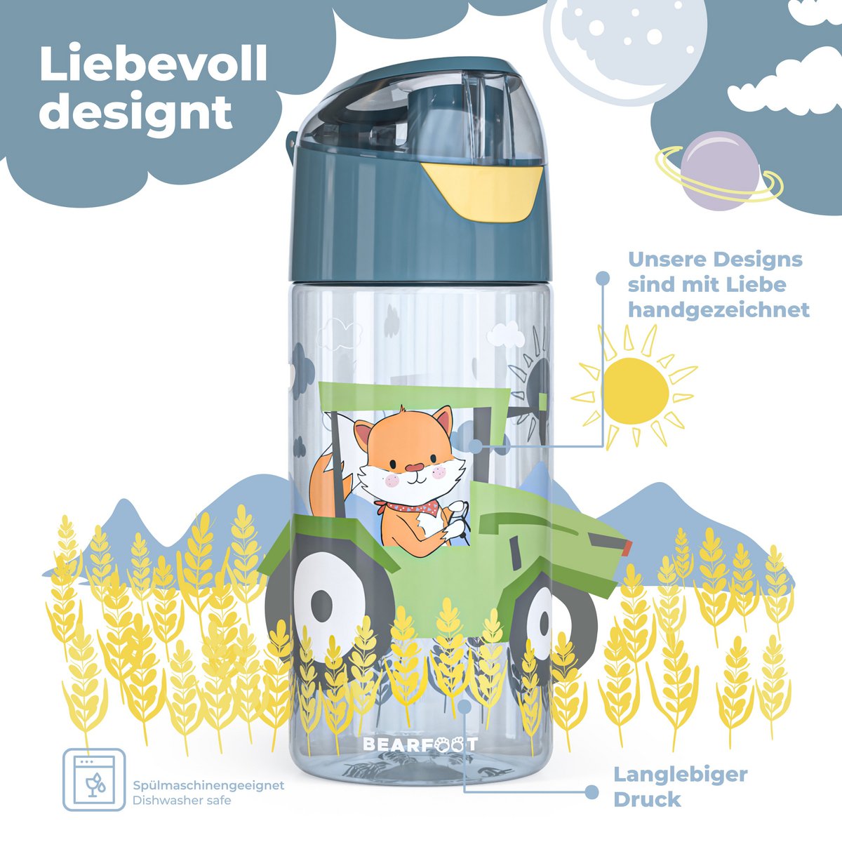 Kinderwaterfles, lichte waterfles - tractorvos Joy&Bloom