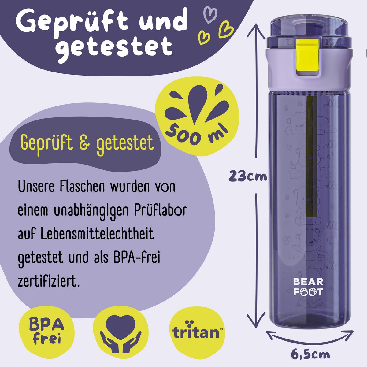 Kinderdrinkfles, 500ml, licht - logo paars Joy&Bloom