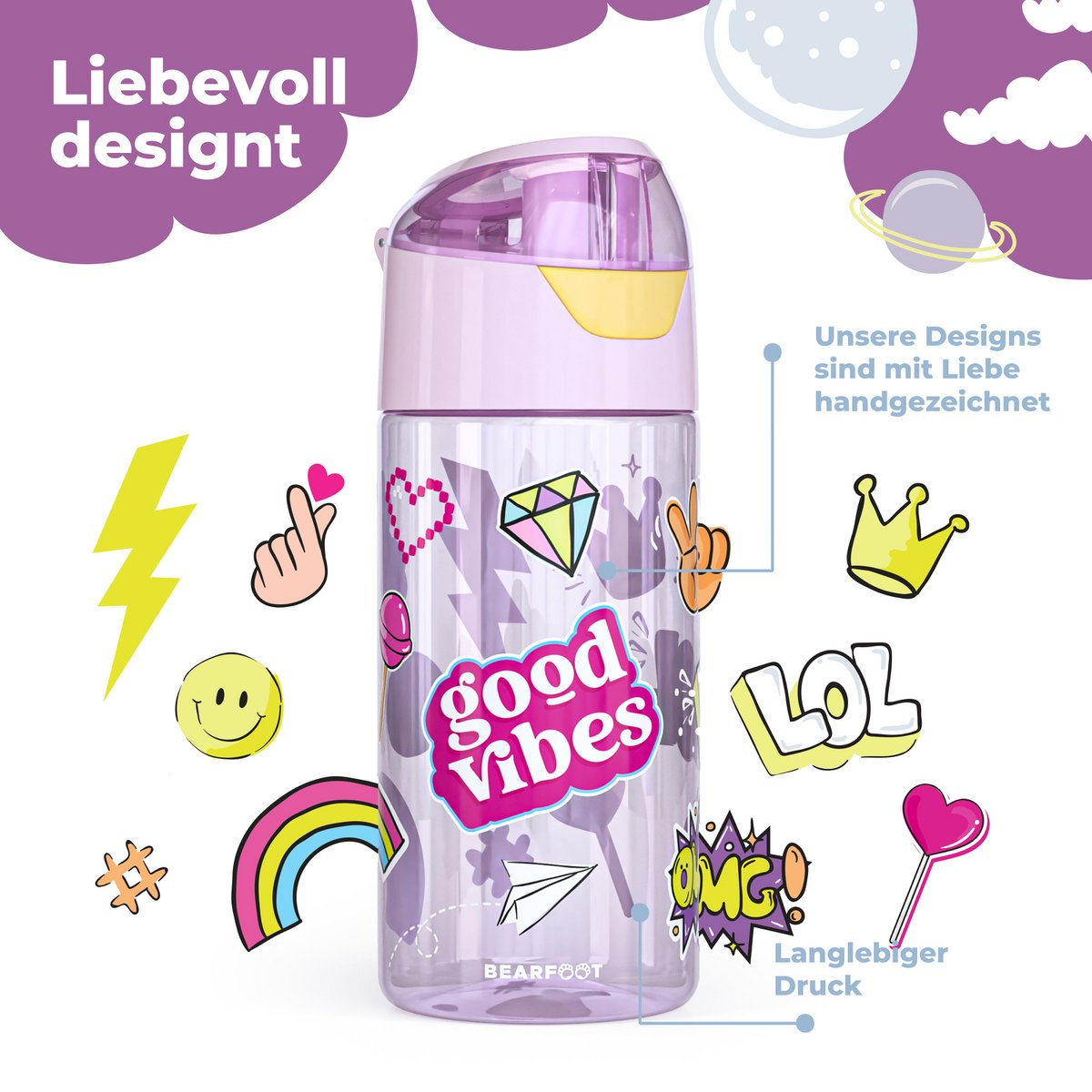 Drinkfles kinderen, lichte waterfles - sticker paars Joy&Bloom