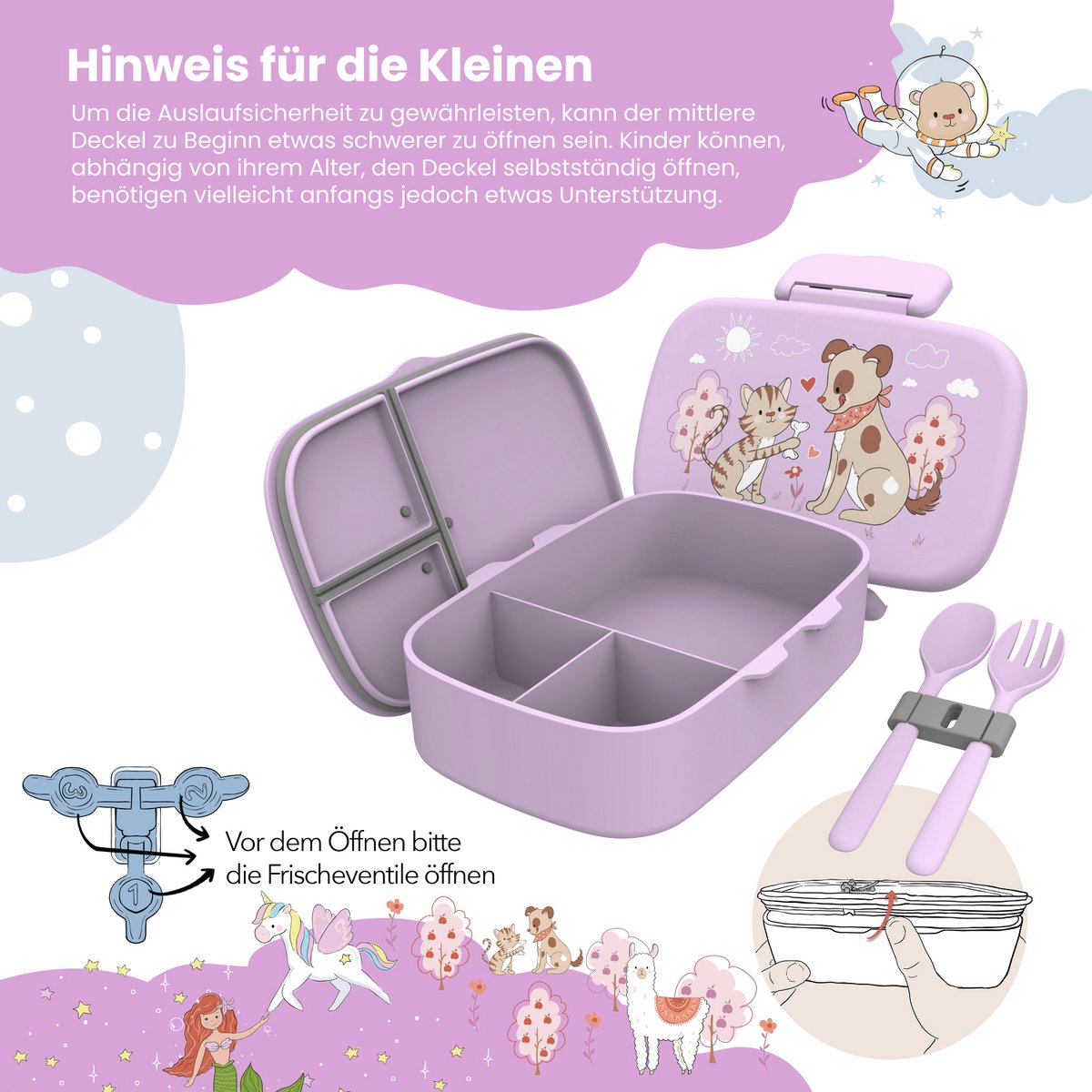 Kinderlunchbox met vakken, licht en lekvrij - hond, cat Joy&Bloom