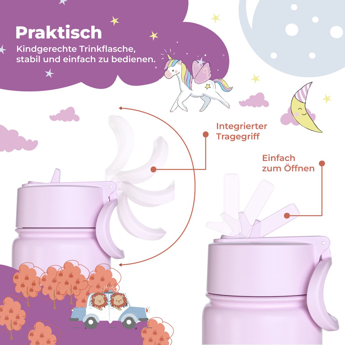 Thermo kinderdrinkfles RVS - lama Alpaca paars Joy&Bloom