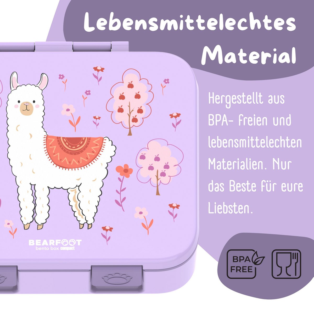 Lunchbox met onderwerpen, licht en lek -proof - lama alpaca lila