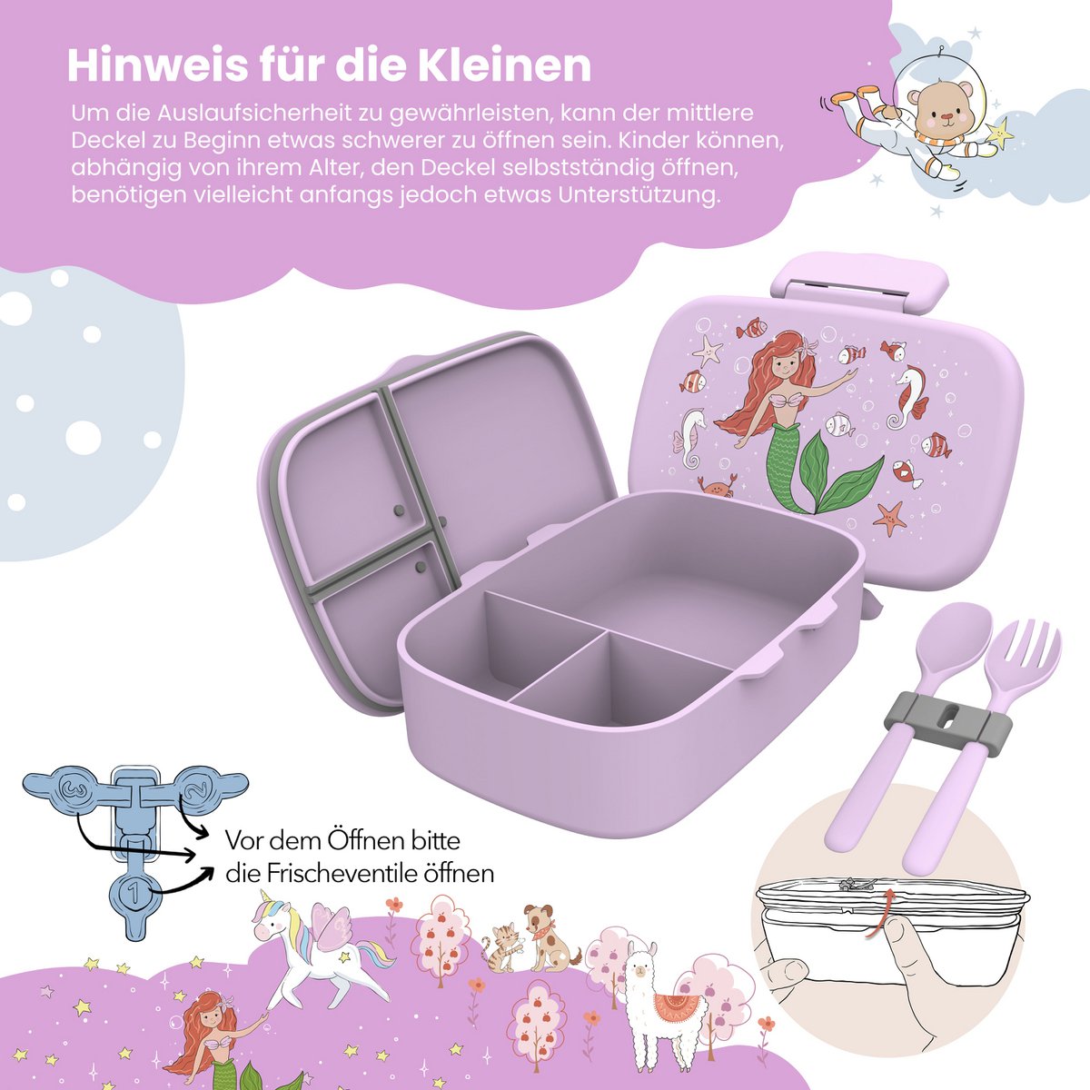 Kinderlunchbox met vakken, licht en lekvrij - zeemeermin Joy&Bloom