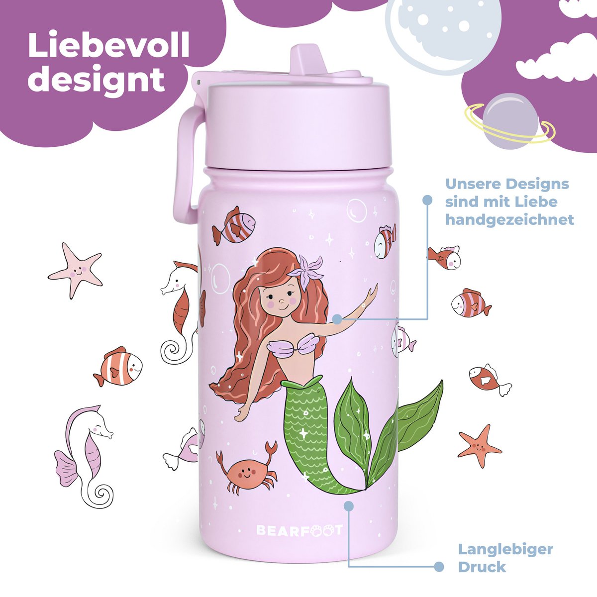 Thermo kinderdrinkfles RVS - zeemeermin paars Joy&Bloom