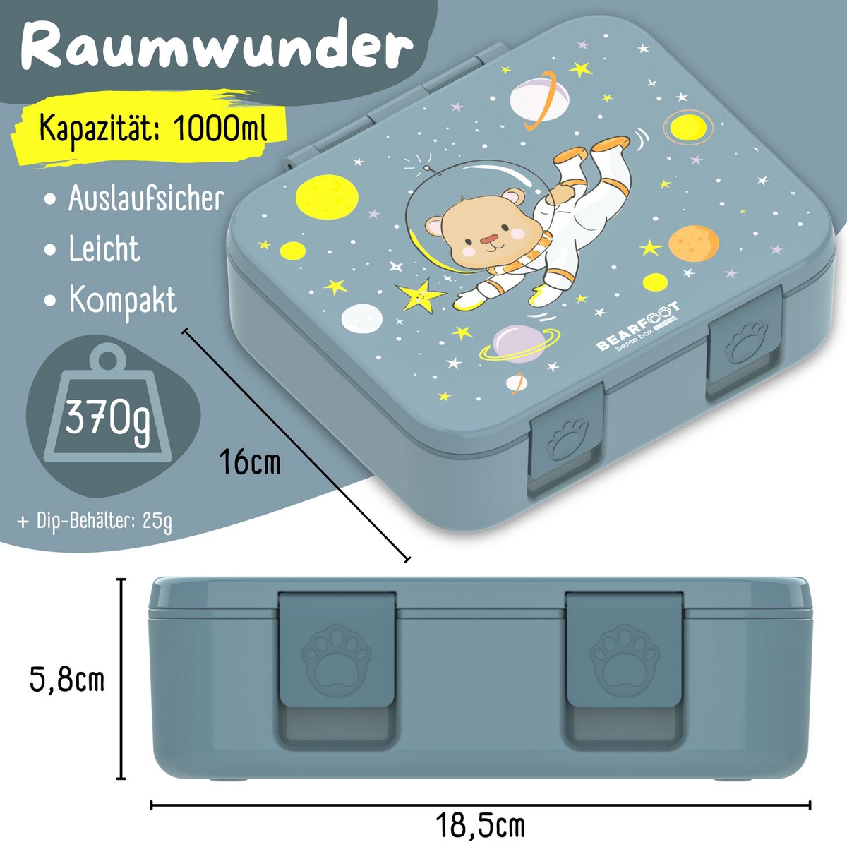 Lunchbox kan met compartimenten, licht en lek - berenblauw Joy&Bloom