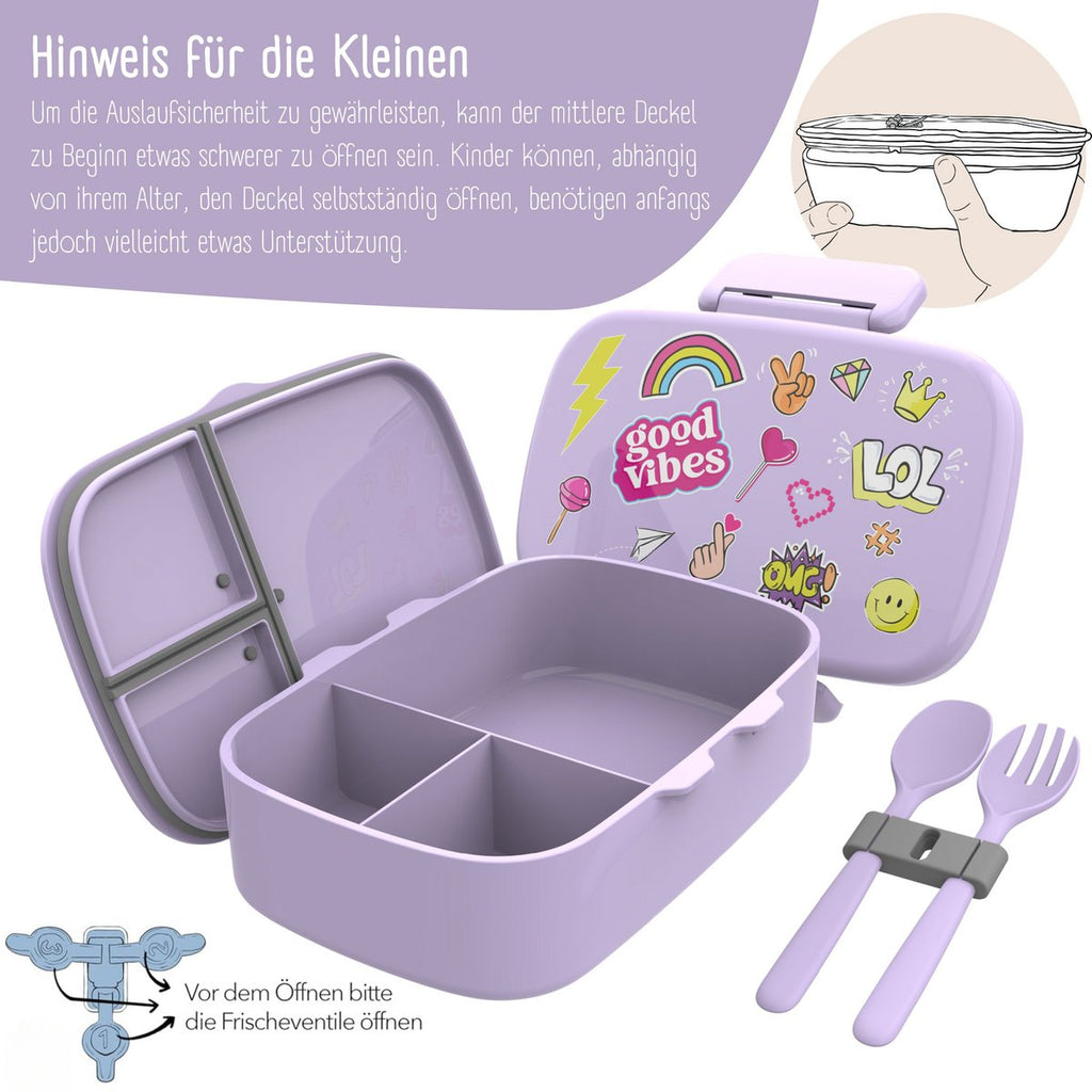Kinderlunchbox met vakken, lekvrij - sticker, paars Joy&Bloom