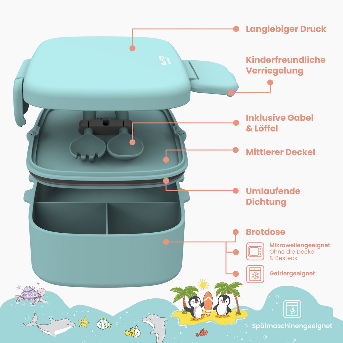 Kinderlunchbox met vakken, licht en lekvrij - mint Joy&Bloom