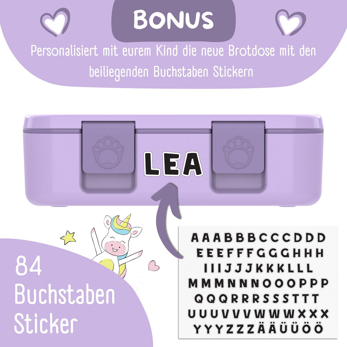 Lunchbox met compartimenten, licht en lek -proof - eenhoorn paars