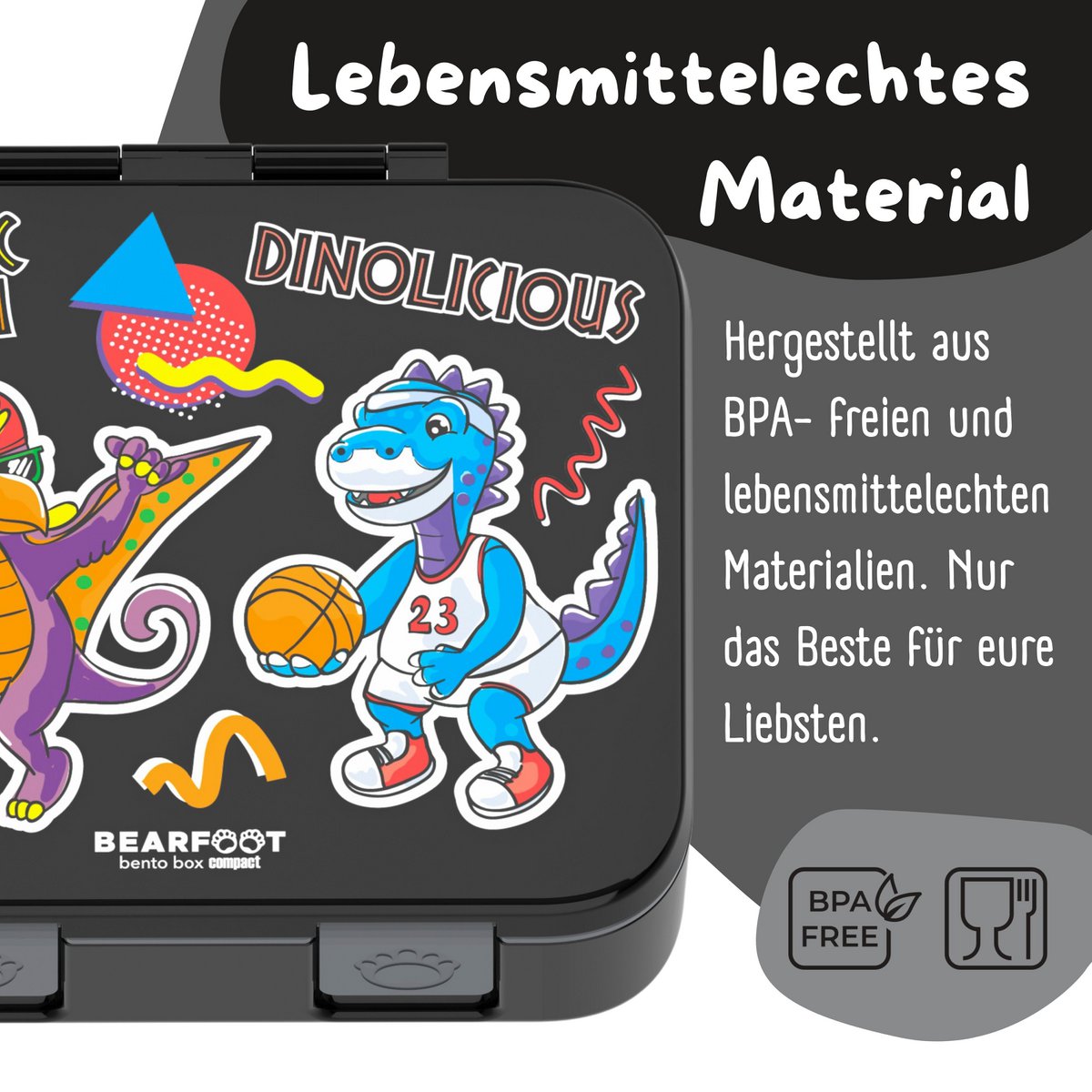 Lunchbox met compartimenten, licht en lek -proof - dinosaal zwart Joy&Bloom