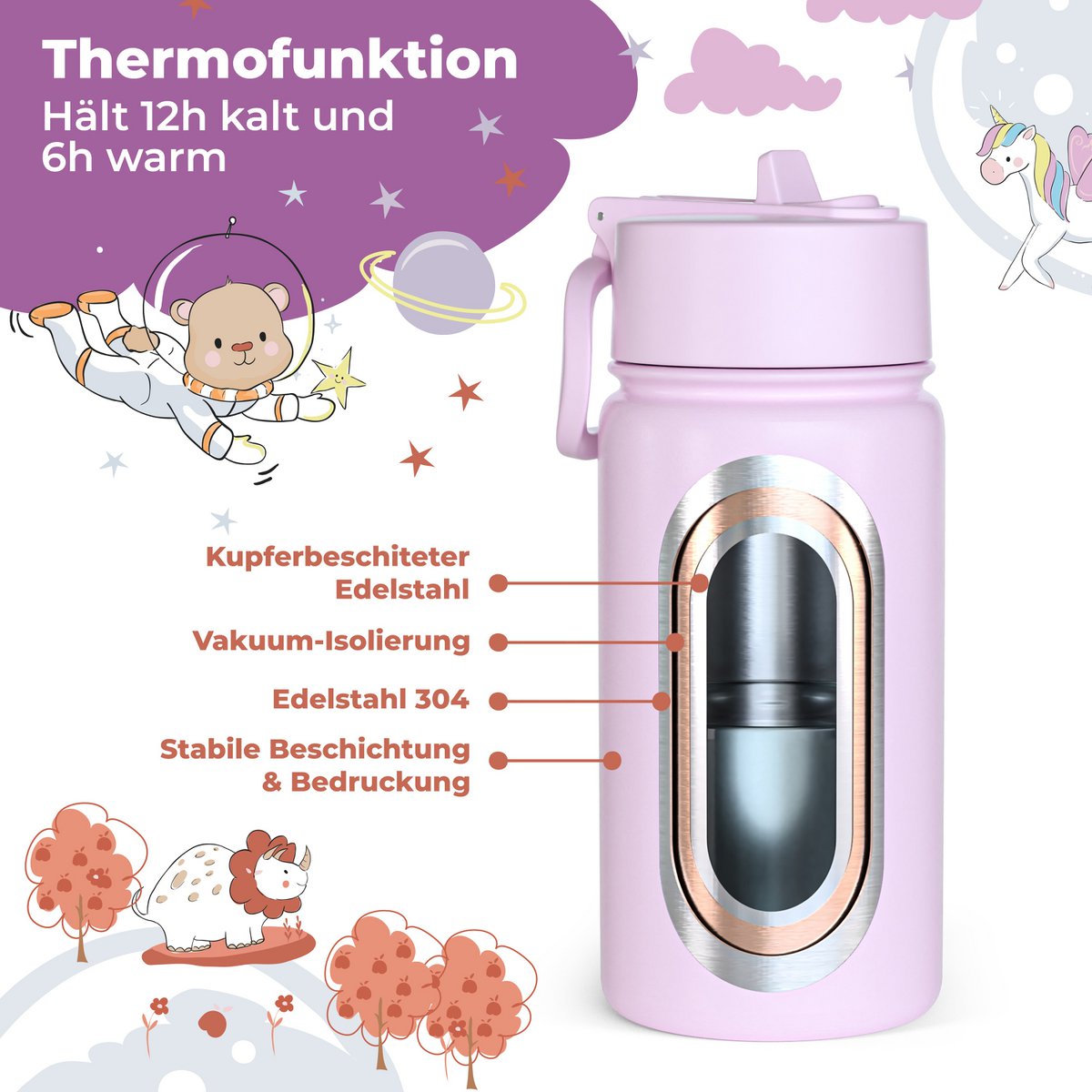 Thermo kinderdrinkfles RVS - sticker paars Joy&Bloom