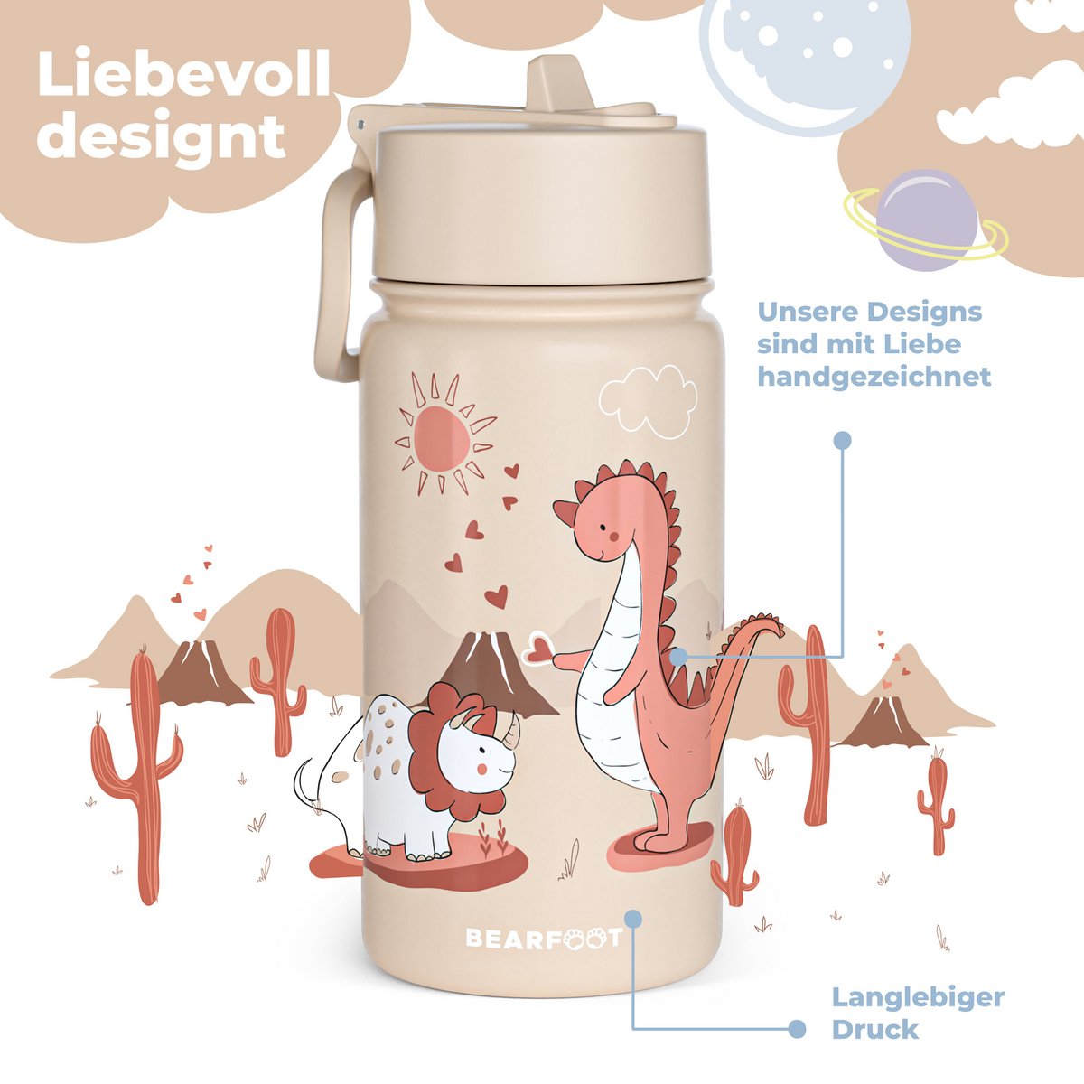 Thermo kinderdrinkfles RVS - dinosaurussen bruin Joy&Bloom