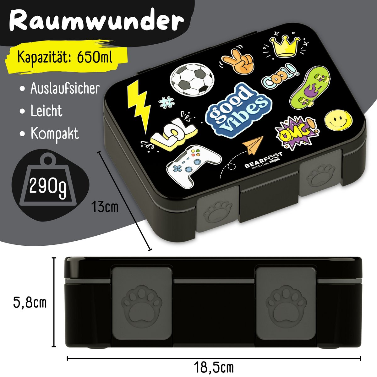 Lunchbox met compartimenten, licht en lek - sticker zwart Joy&Bloom