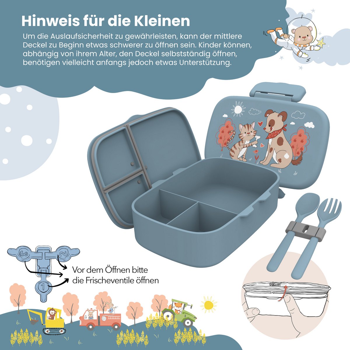 Kinderlunchbox met vakken, licht en lekvrij - hond, cat Joy&Bloom