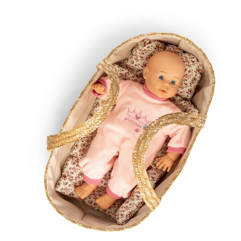 Rieten Poppenreiswieg / Mozes mandje met bedsetje 50cm Joy&Bloom