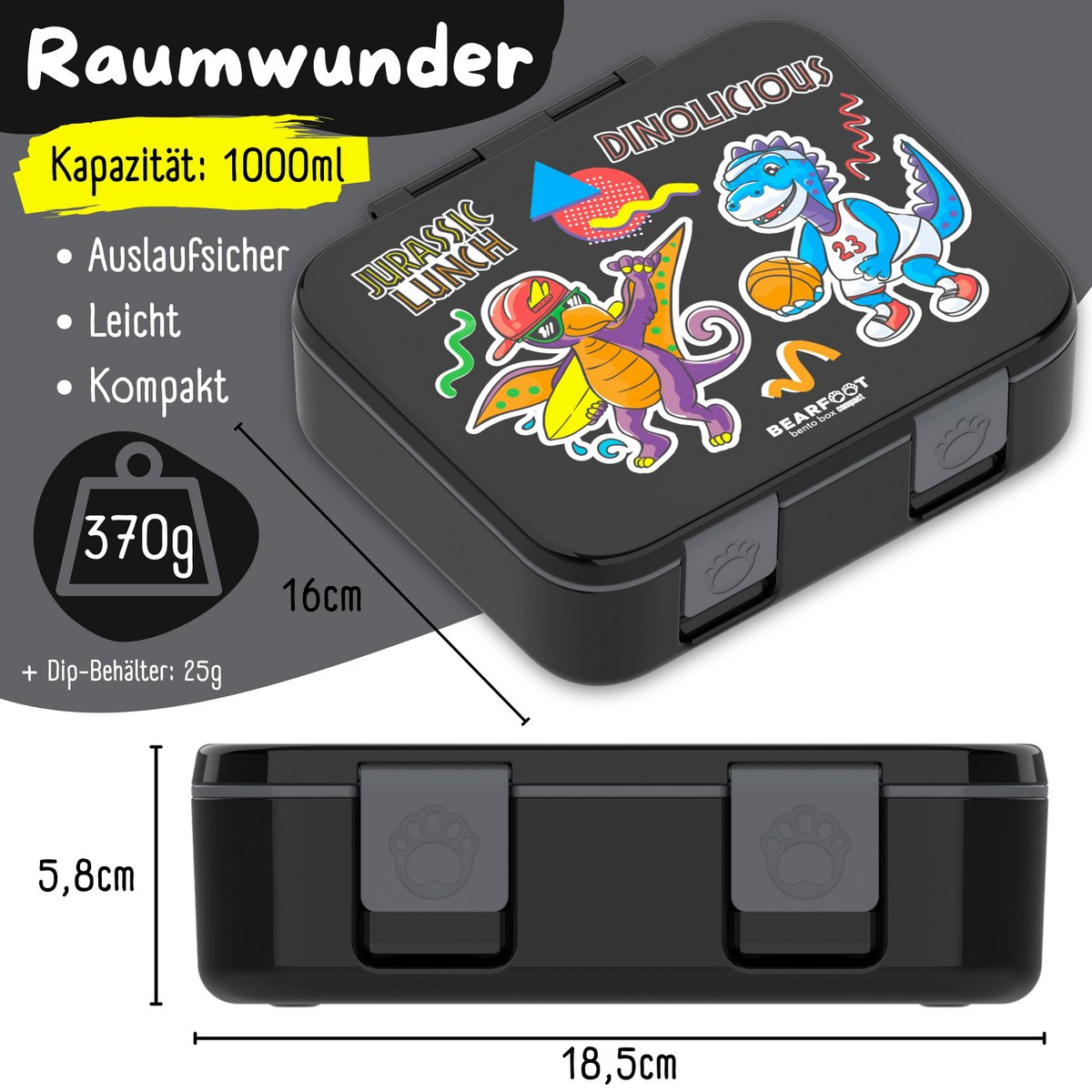Lunchbox met compartimenten, licht en lek -proof - dinosaal zwart Joy&Bloom