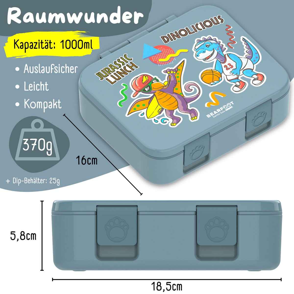 Lunchbox met onderwerpen, licht en lek - proof - dinosaurussen blauw Joy&Bloom