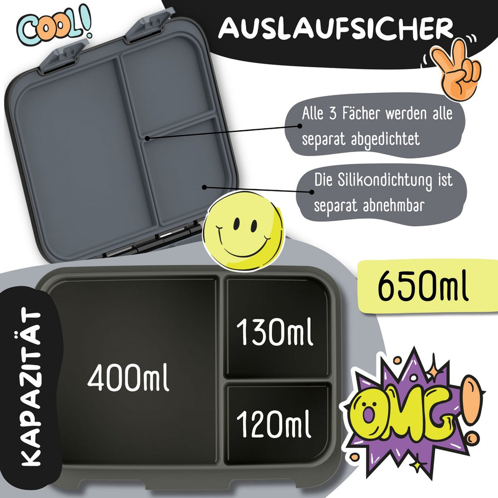 Lunchbox met compartimenten, licht en lek - sticker zwart