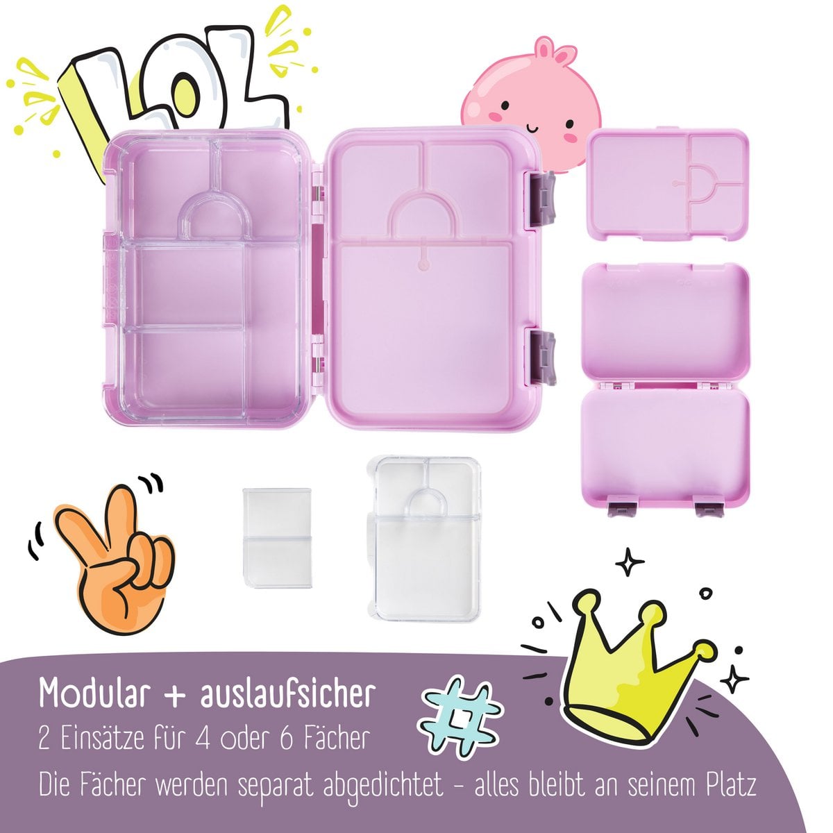 Kinderlunchbox met vakken, lunchbox, bentobox - paars Joy&Bloom
