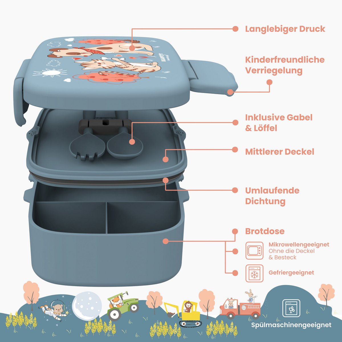 Kinderlunchbox met vakken, licht en lekvrij - hond, cat Joy&Bloom