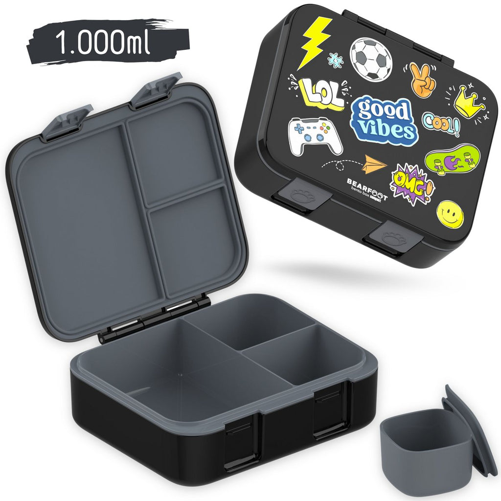 Lunchbox met compartimenten, licht en lek - sticker zwart