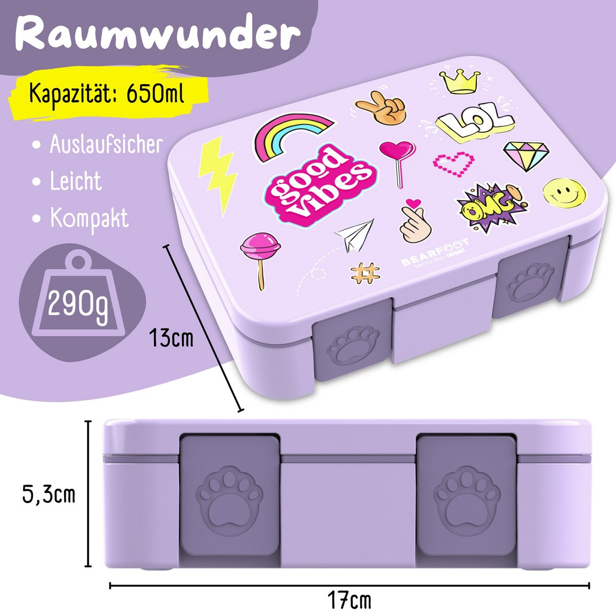 Lunchbox met compartimenten, licht en lek - sticker paars Joy&Bloom