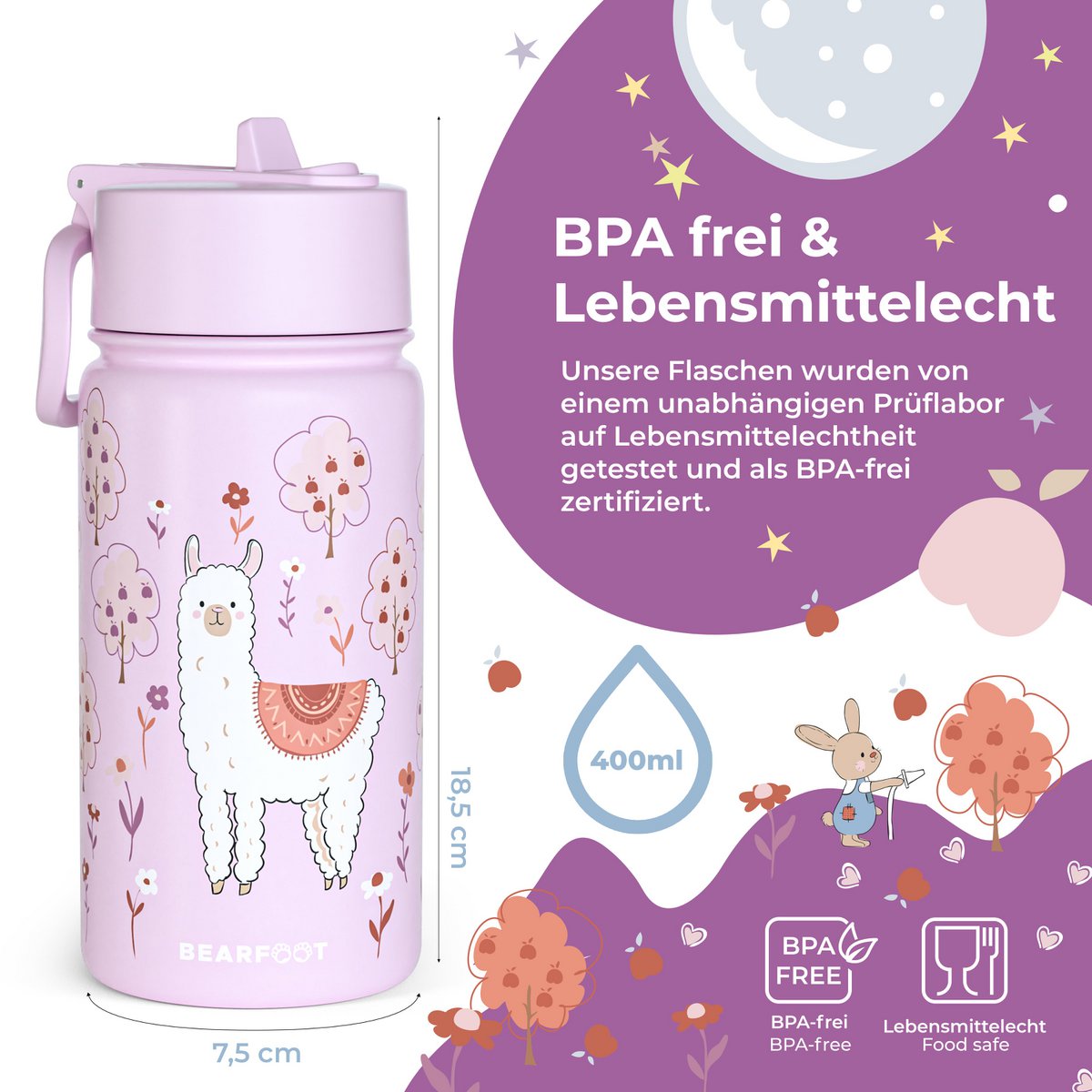 Thermo kinderdrinkfles RVS - lama Alpaca paars Joy&Bloom