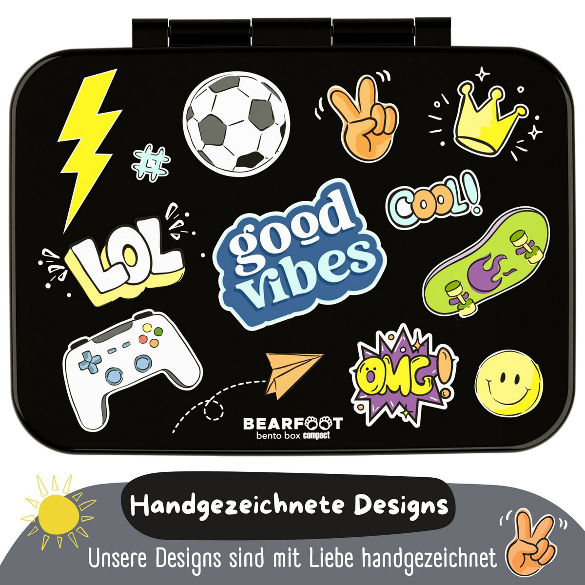 Lunchbox met compartimenten, licht en lek - sticker zwart