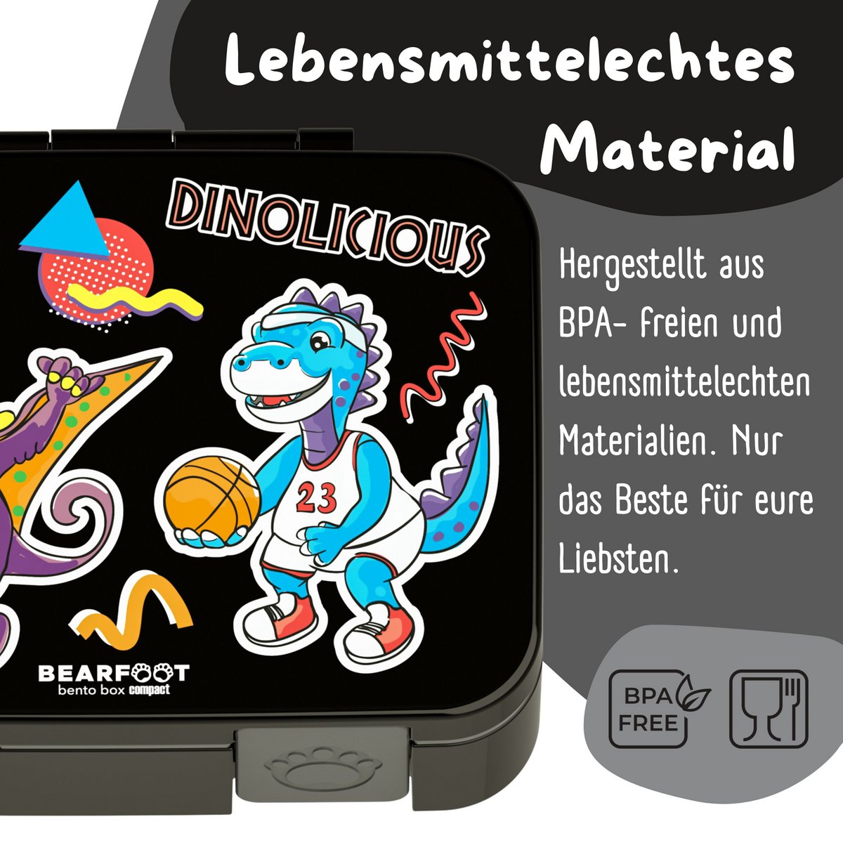 Lunchbox met compartimenten, licht en lek -proof - dinosaal zwart Joy&Bloom