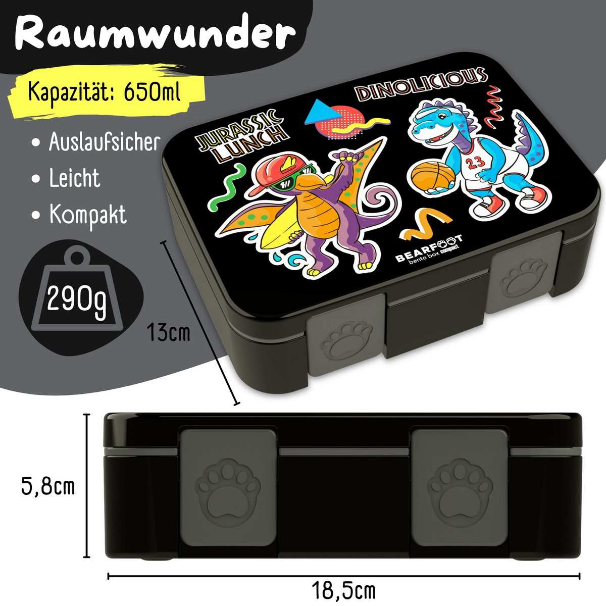 Lunchbox met compartimenten, licht en lek -proof - dinosaal zwart Joy&Bloom