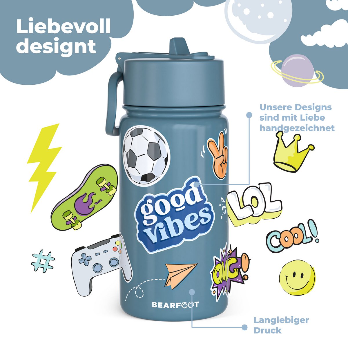 Thermo kinderdrinkfles RVS - sticker paars Joy&Bloom