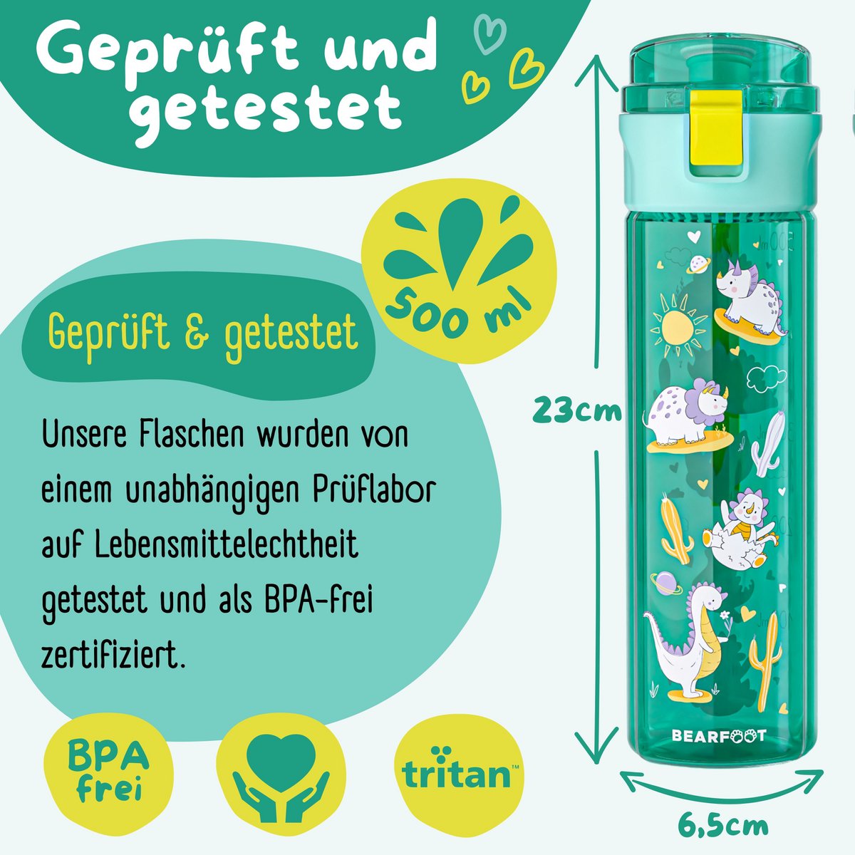 Kinderdrinkfles, 500ml, licht - Dinos-mint Joy&Bloom
