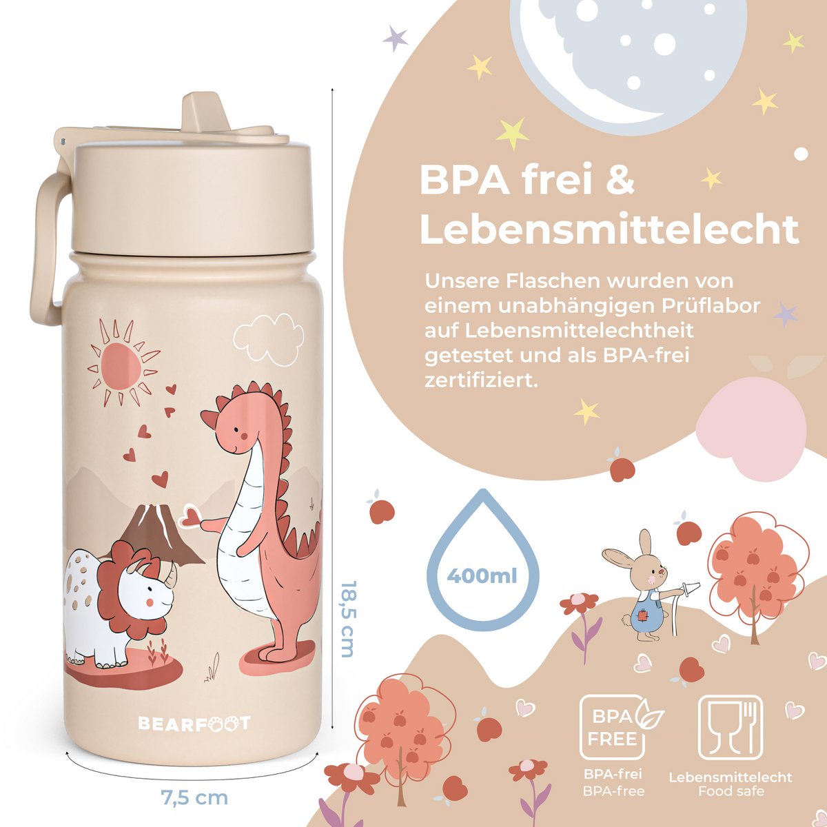 Thermo kinderdrinkfles RVS - dinosaurussen bruin Joy&Bloom