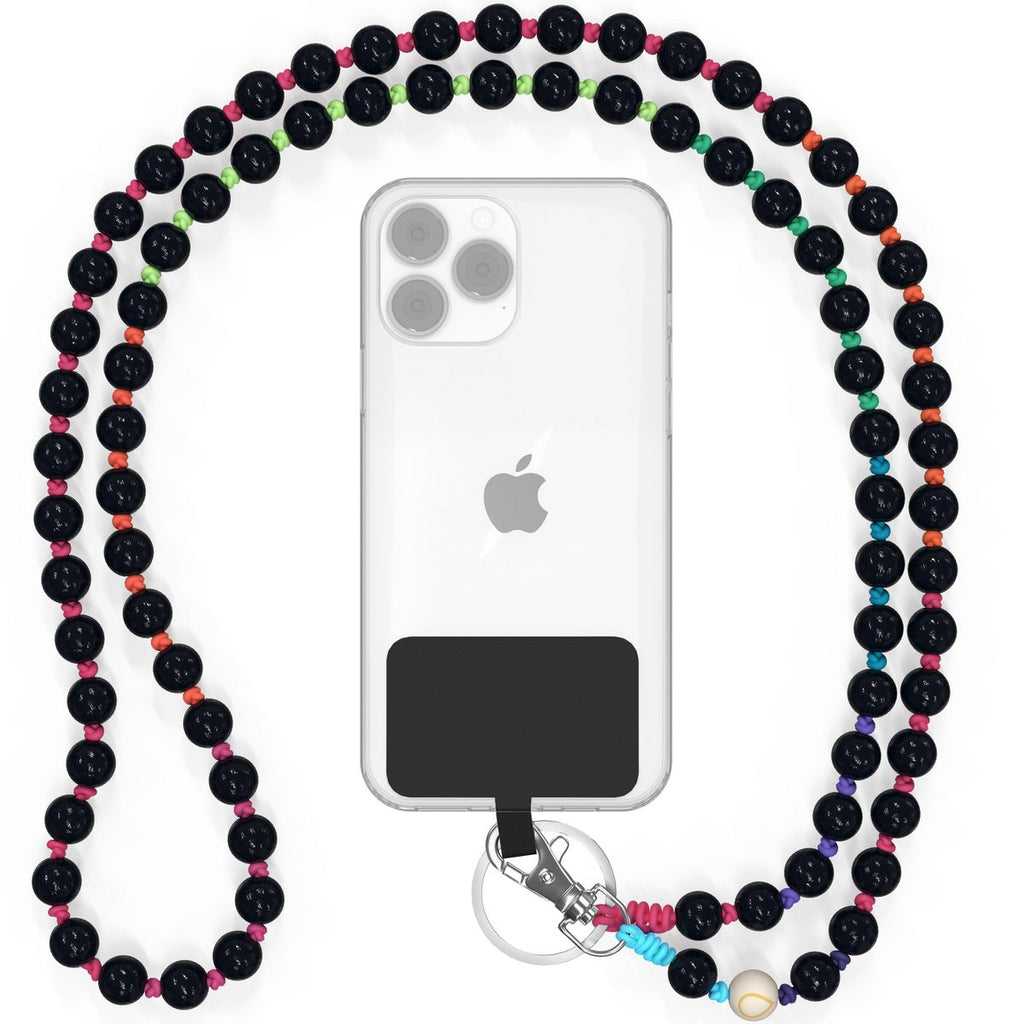 Mobiele telefoonketting universeel, houten kralen, handgemaakt - Black Rainbow