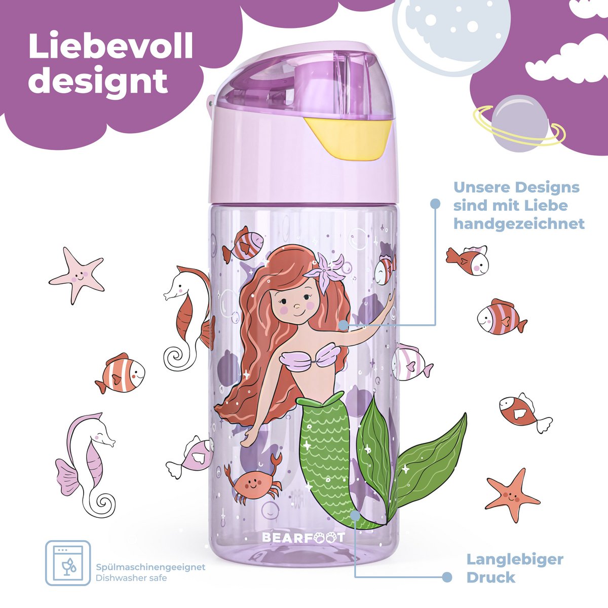 Kinderwaterfles, lichtgewicht waterfles - zeemeermin Joy&Bloom