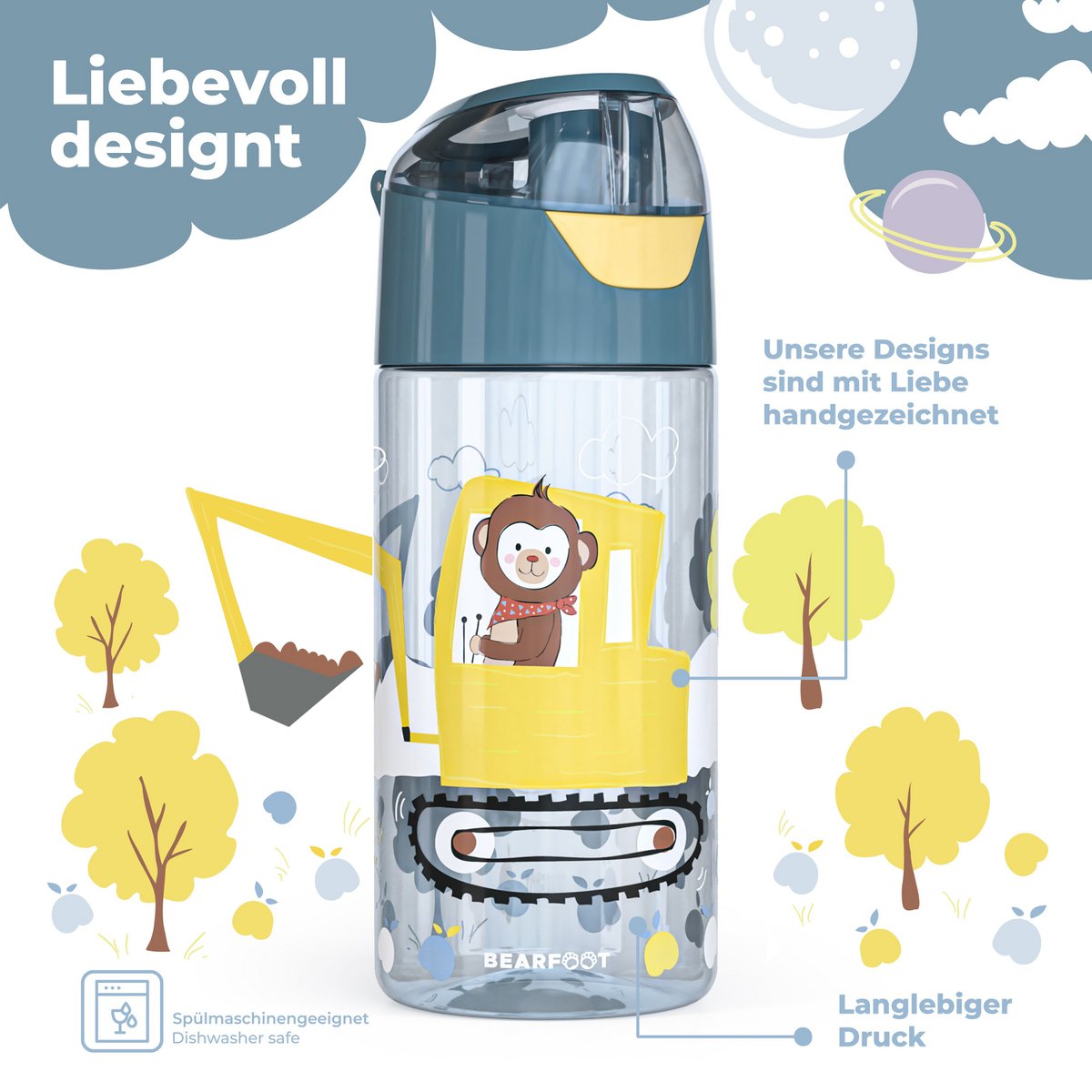 Kinderwaterfles, lichtgewicht waterfles - graafmachine & aap Joy&Bloom