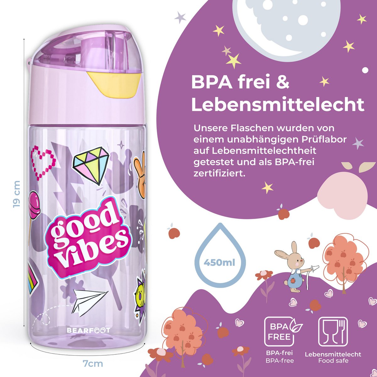 Drinkfles kinderen, lichte waterfles - sticker paars Joy&Bloom
